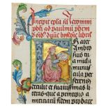 Large initial enclosing St. Jerome writing, on a cutting from a grand Bible, in Latin, manuscript