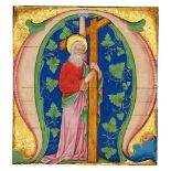 St. Andrew holding his cross, in a large initial on a cutting from a Gradual, illuminated manuscr