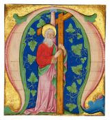 St. Andrew holding his cross, in a large initial on a cutting from a Gradual, illuminated manuscr