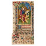 Leaf from a lavishly illuminated Book of Hours, with its miniature filled in by a modern artist,