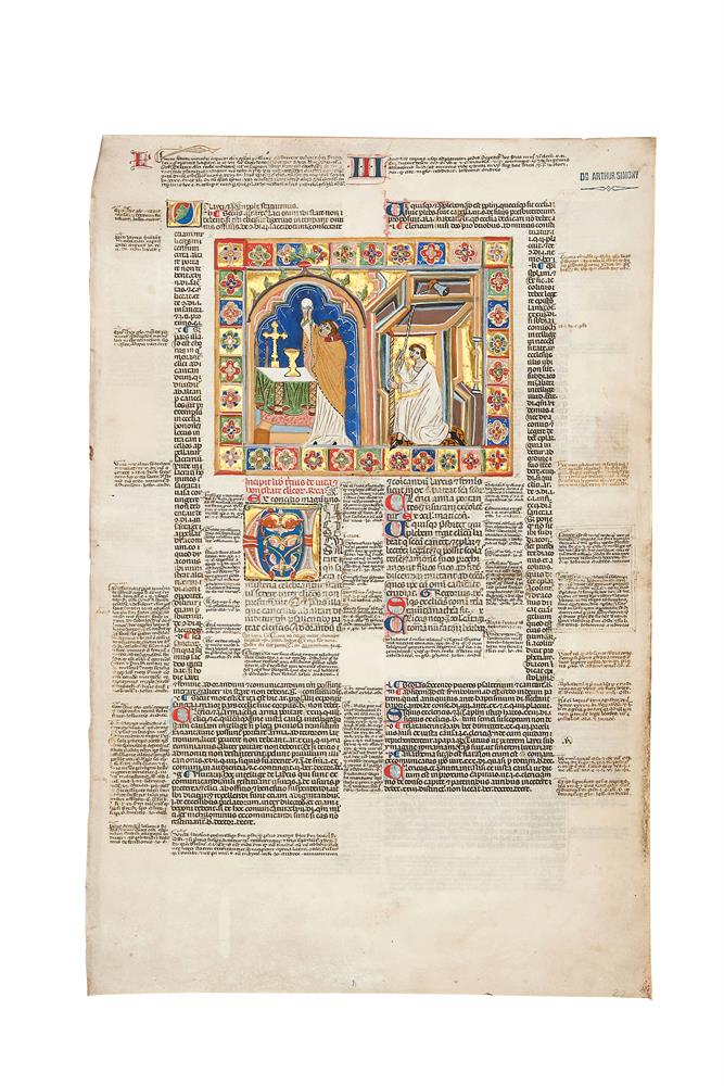 Ɵ A priest during Mass and a bell-ringer, large miniature on a leaf from a copy of Gregory IX