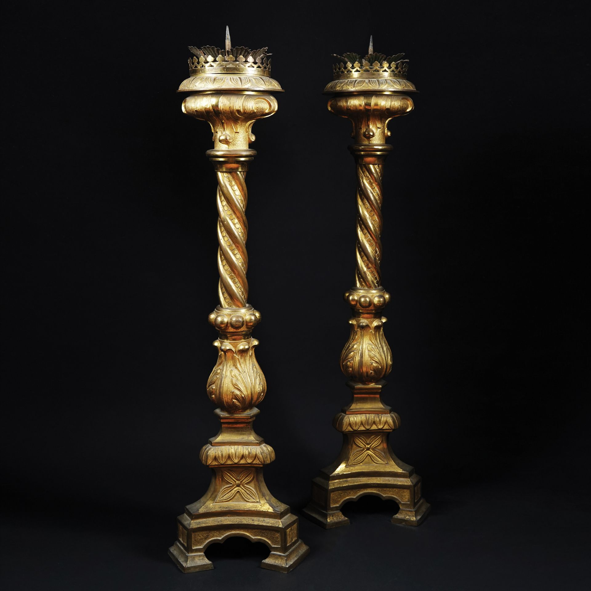 A pair of gilt bronze large candlesticks 104cm. high each