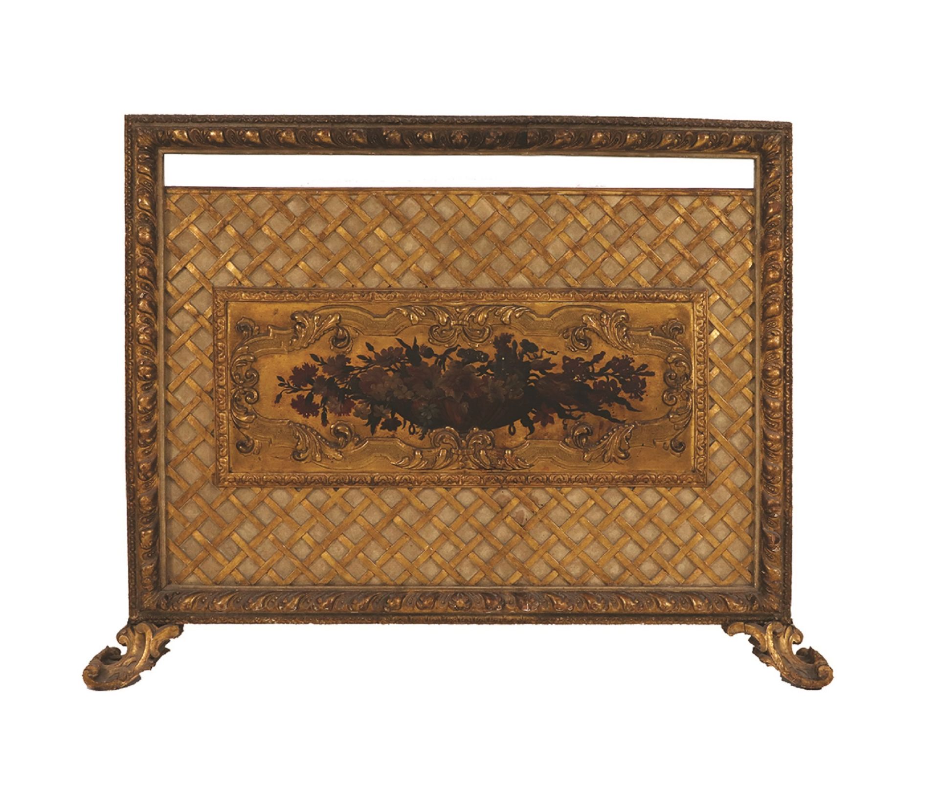An ivory lacquered and painted gilt wood rectangular panel 122x145x19cm.