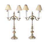 A pair of Victorian brass twin-branch candelabra, converted to electricity, circa 1880 (2)