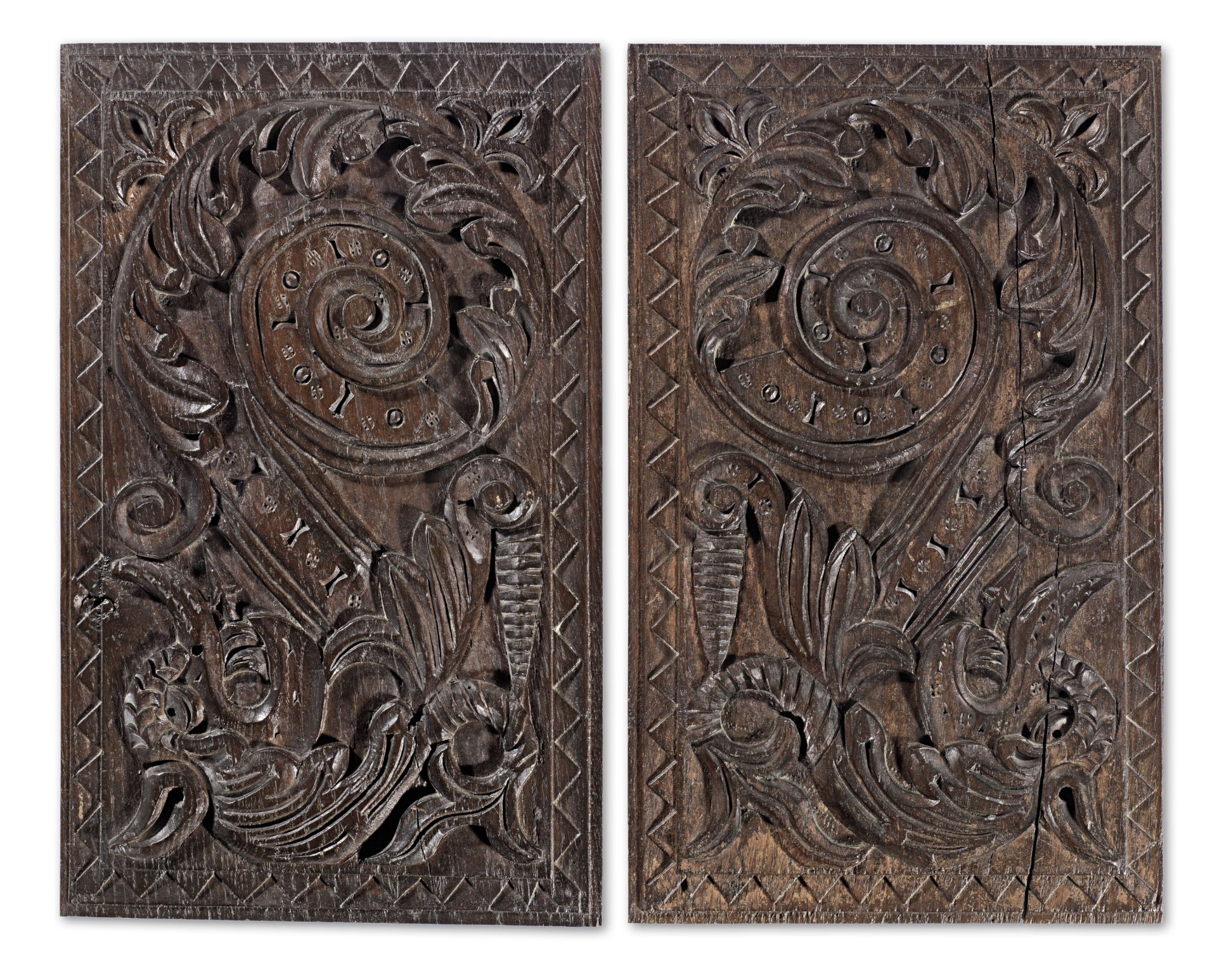 A pair of Charles I carved oak panels, probably Gloucestershire, circa 1640 (2)
