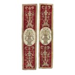 A pair of silk-velvet and couched metallic-thread embroidered panels, Italian 16th century, re-ap...