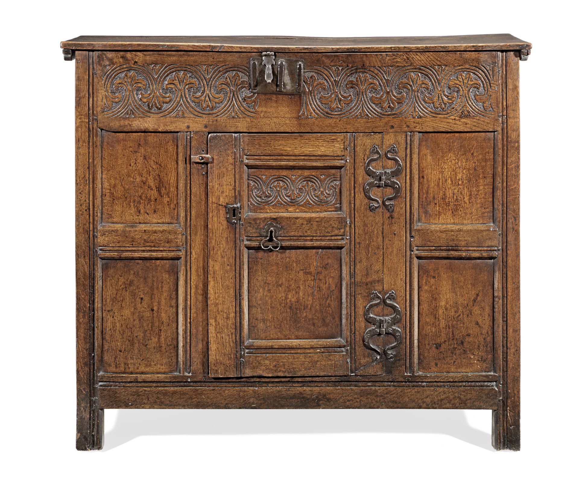 A rare Charles I joined oak box-top livery cupboard, Yorkshire, circa 1640
