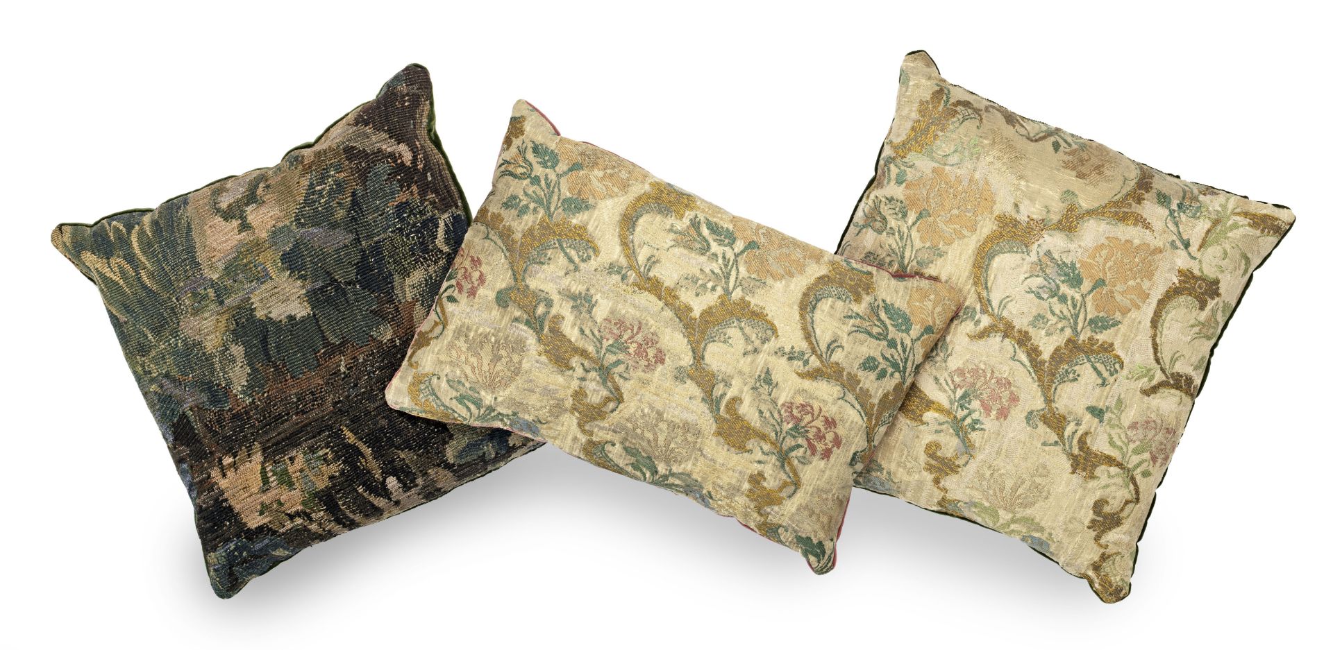 Two cushions made from George II Spitalfield silk, circa 1730-40 (3)