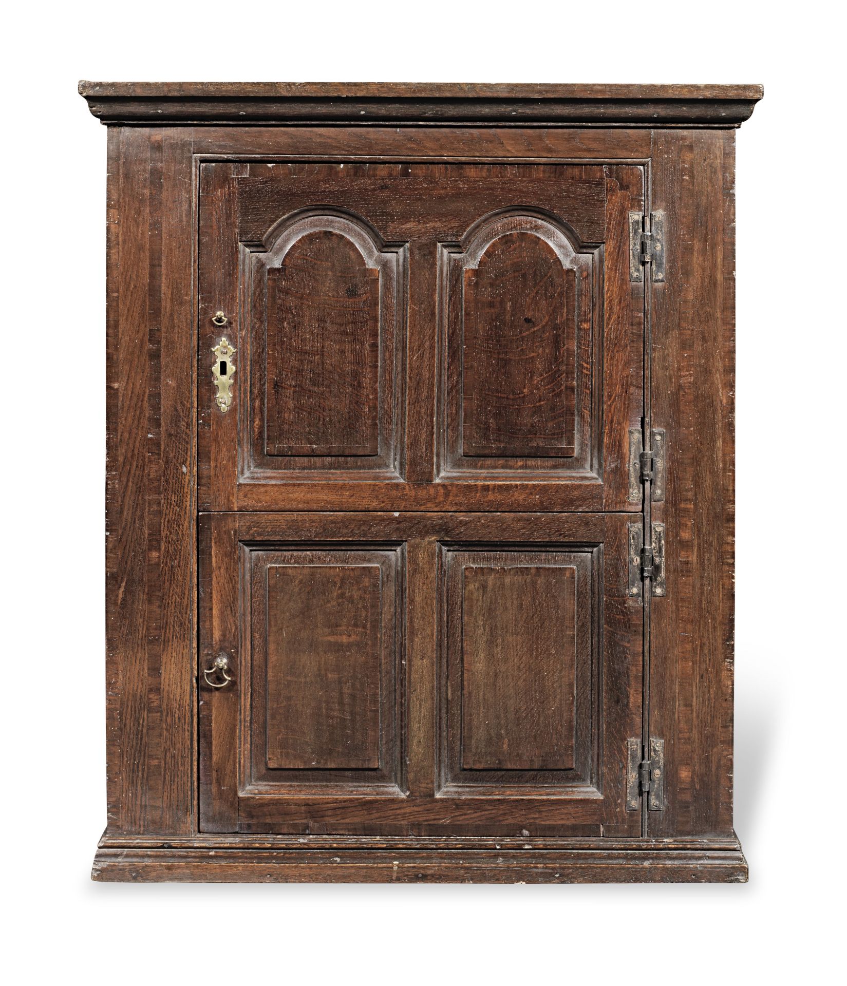 A George II joined and boarded oak and walnut crossbanded cupboard, probably Welsh, circa 1750