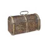 A late 16th or early 17th century leather and gilt-iron bound casket, or coffret, French