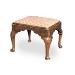 A small George II elm, fruitwood and upholstered stool, circa 1730