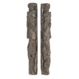 A pair of late 16th/early 17th century carved oak slender corner figural terms, English/Low Count...