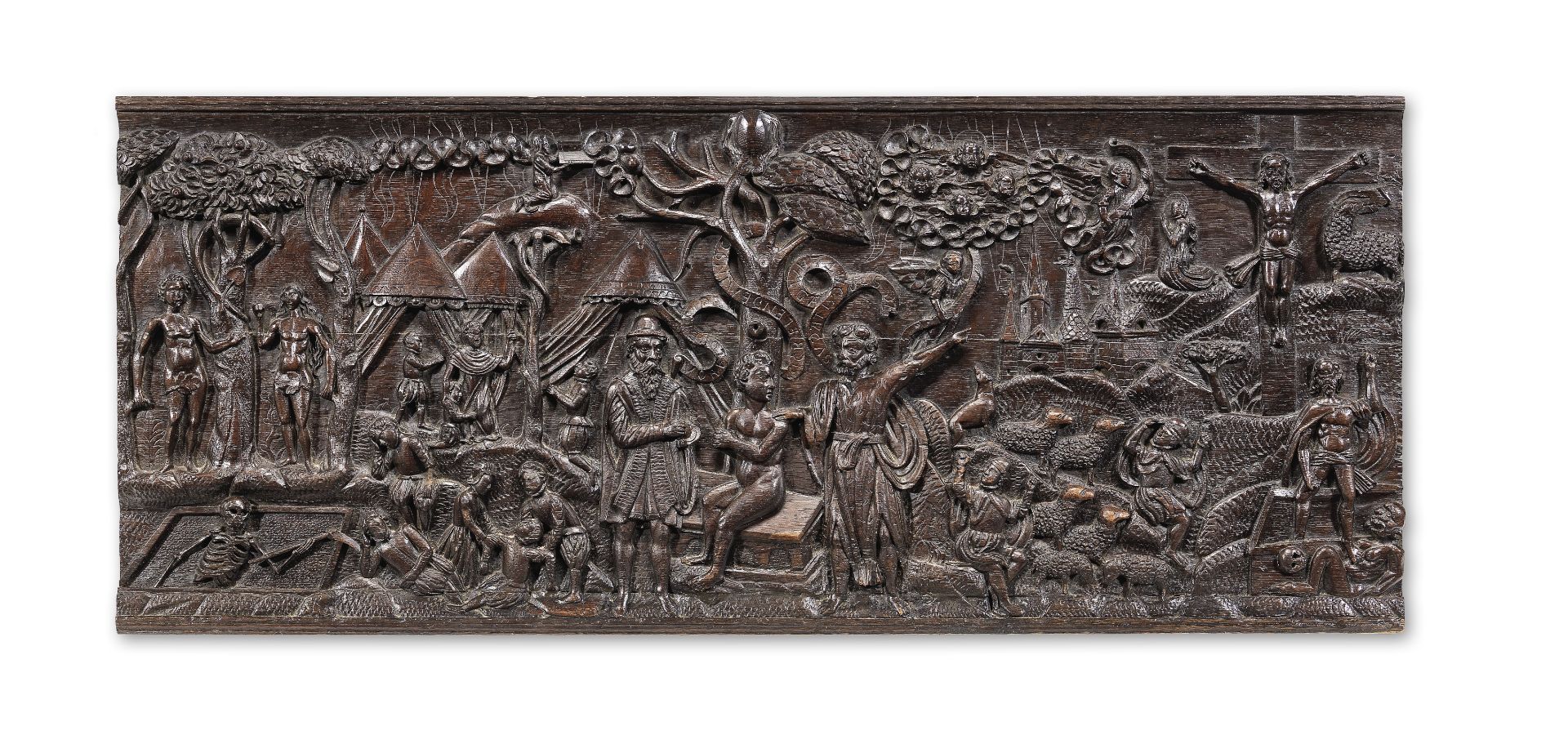 An impressive late 16th century carved oak coffer front, Bremen, Germany, circa 1570-85