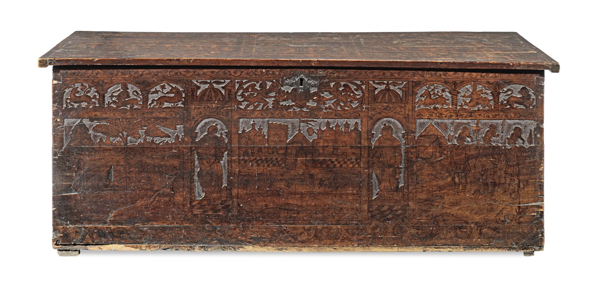 A 17th century cyprus-wood and pen-decorated boarded chest, Northern Italy