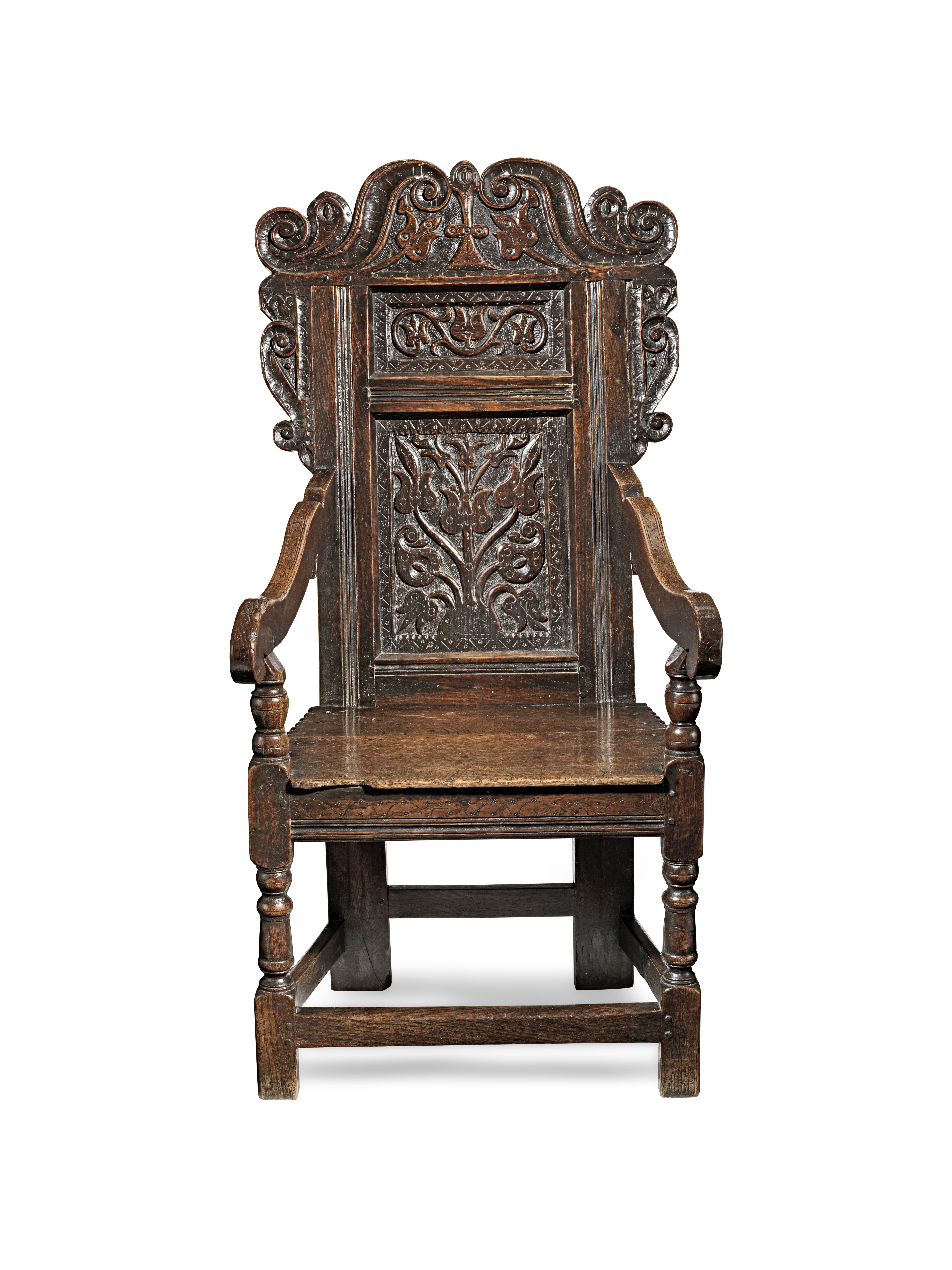 A fine Charles II joined oak double panel-back open armchair, South West Yorkshire, circa 1670