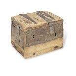 A 16th or 17th century boarded oak alms box, English
