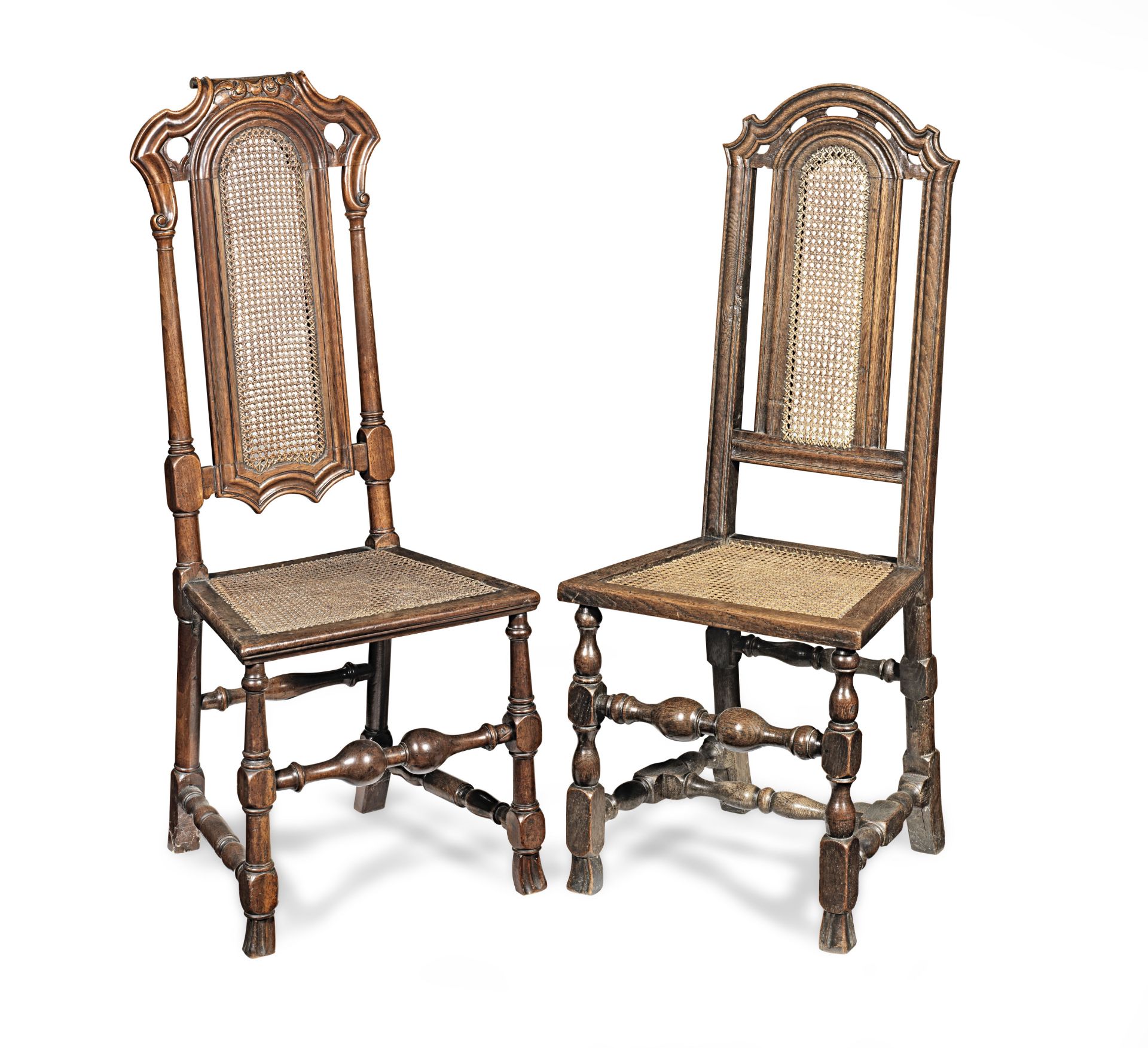 Two similar joined oak, walnut and cane side chairs, Anglo-Dutch, circa 1700