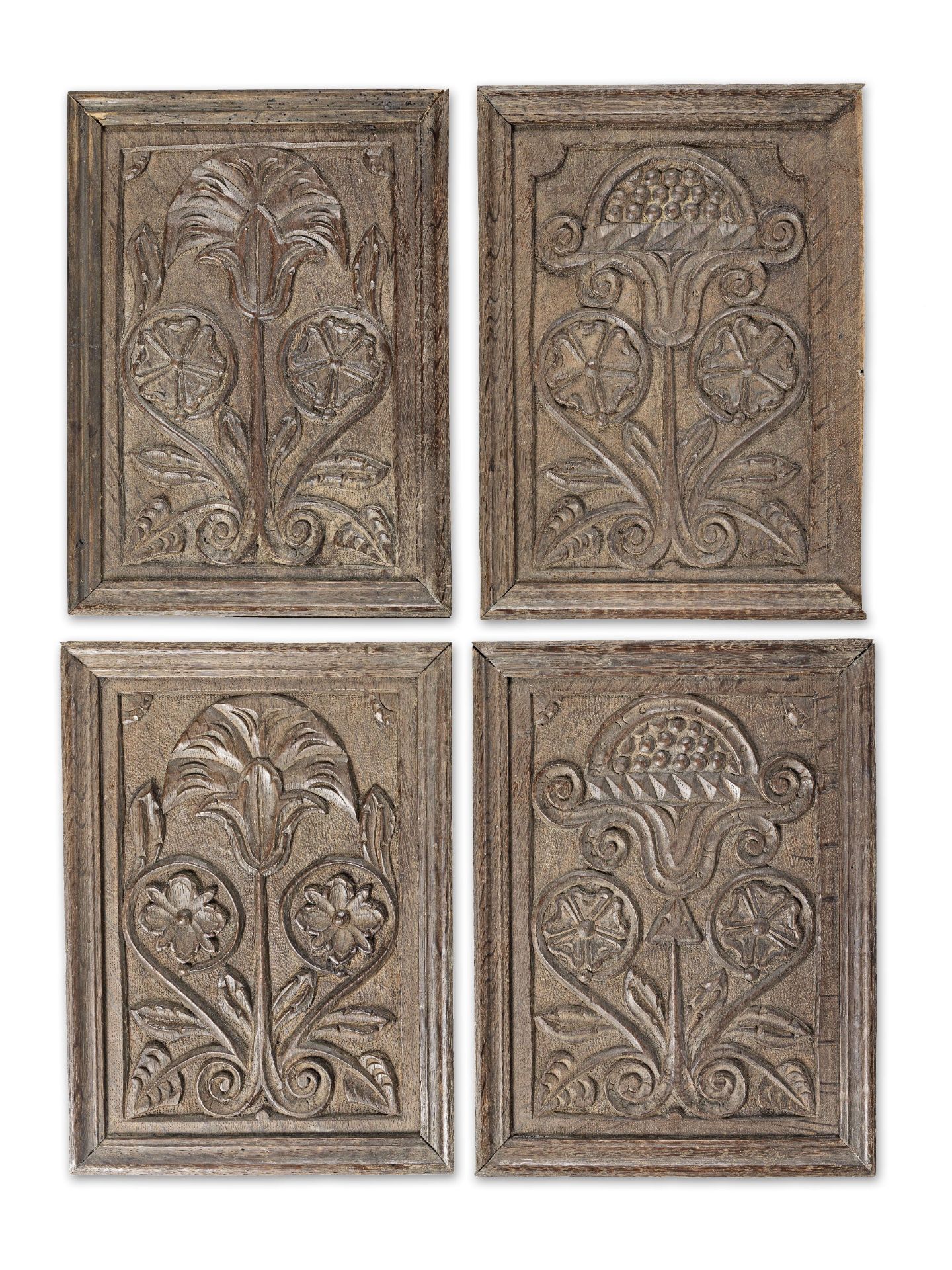 A set of four Charles II carved oak panels, Lancashire/North Country, circa 1670 (4)