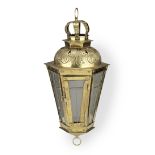 A brass and glass hexagonal hanging lantern, Dutch