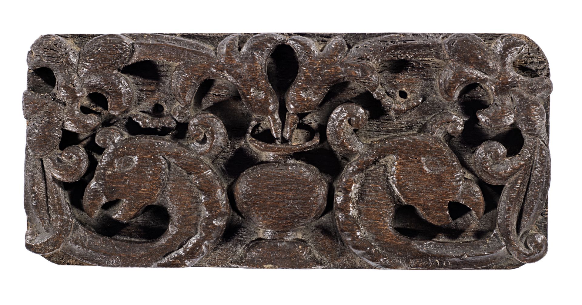 A mid-to late 16th century carved oak panel, English, circa 1550-1600