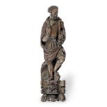 A late 16th/early 17th century carved oak figure, possibly a term, St. Peter, circa 1600 With tra...