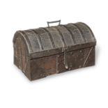 A 16th century iron-bound and oak cuir bouilli tooled leather casket, French