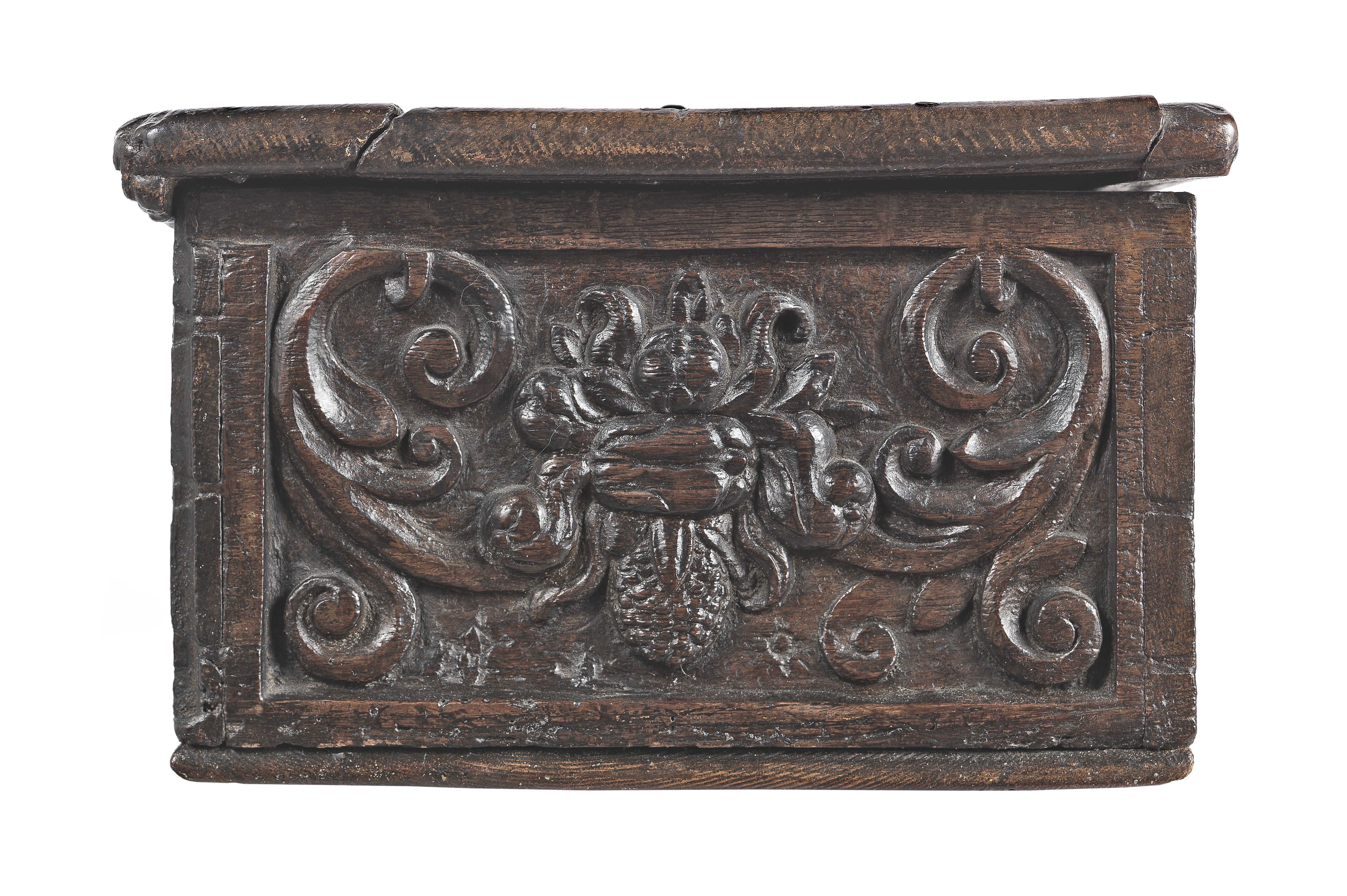 A rare and documented boarded oak box, probably Northern German, circa 1600