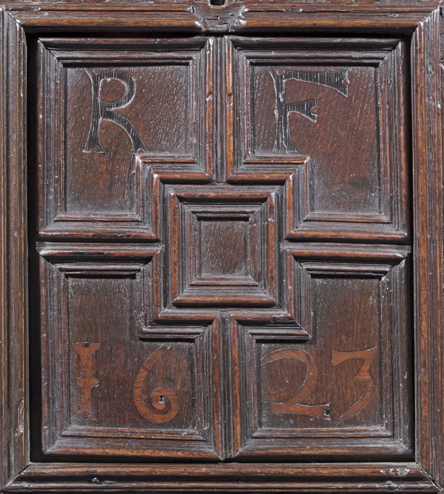 A fine James I joined oak and inlaid coffer, dated 1623 - Image 2 of 2