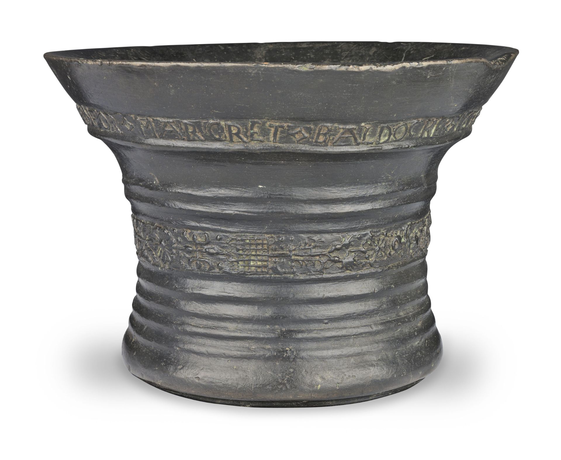 A rare, fine and large Charles I leaded bronze mortar, dated 1638, made for Margaret Baldocke, Gr...