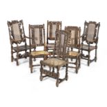 Six various walnut and cane chairs, including two armchairs, English, circa 1685 and later (6)