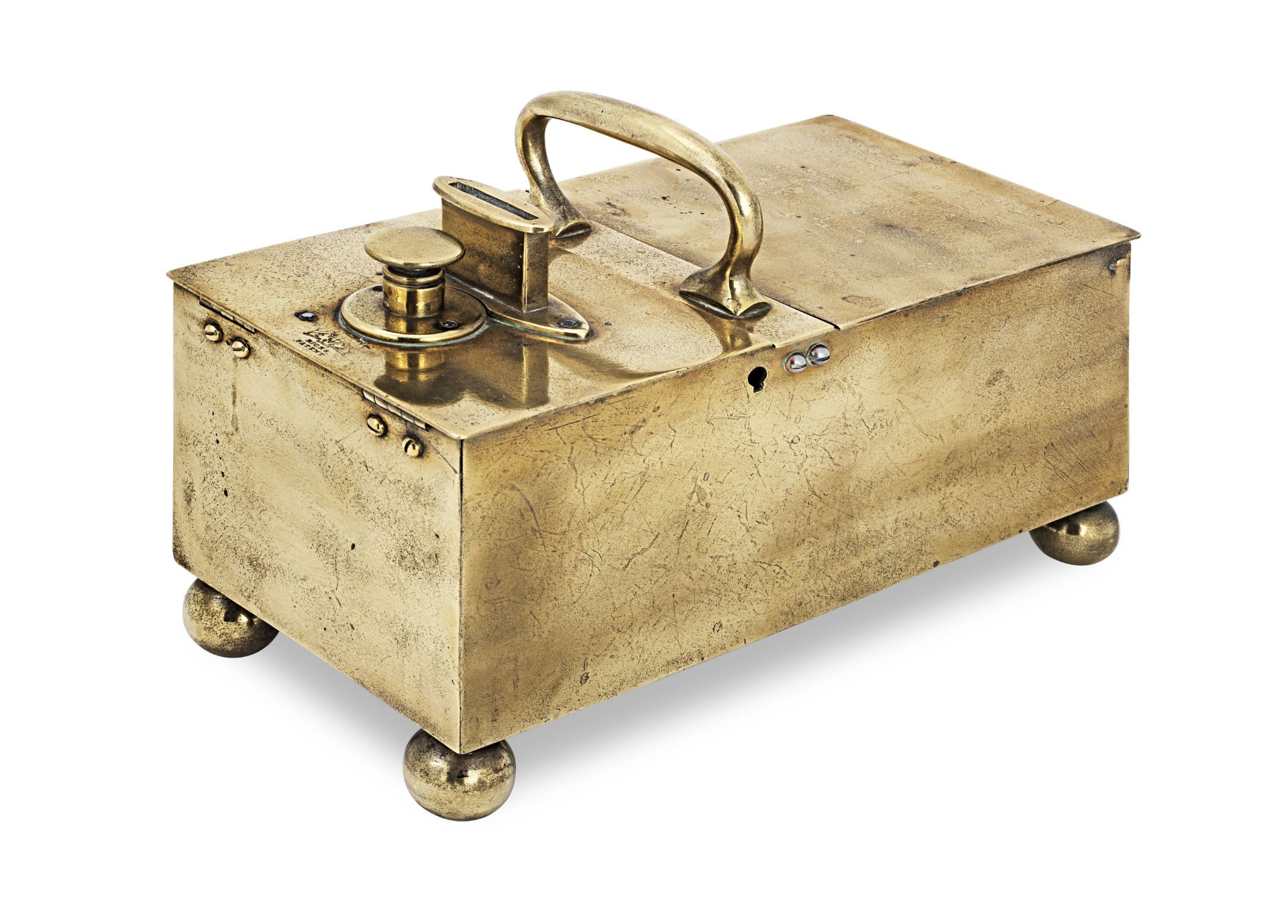 An early to mid-19th century brass 'honesty' tobacco box, marked 'Rich's Patent', probably made i...