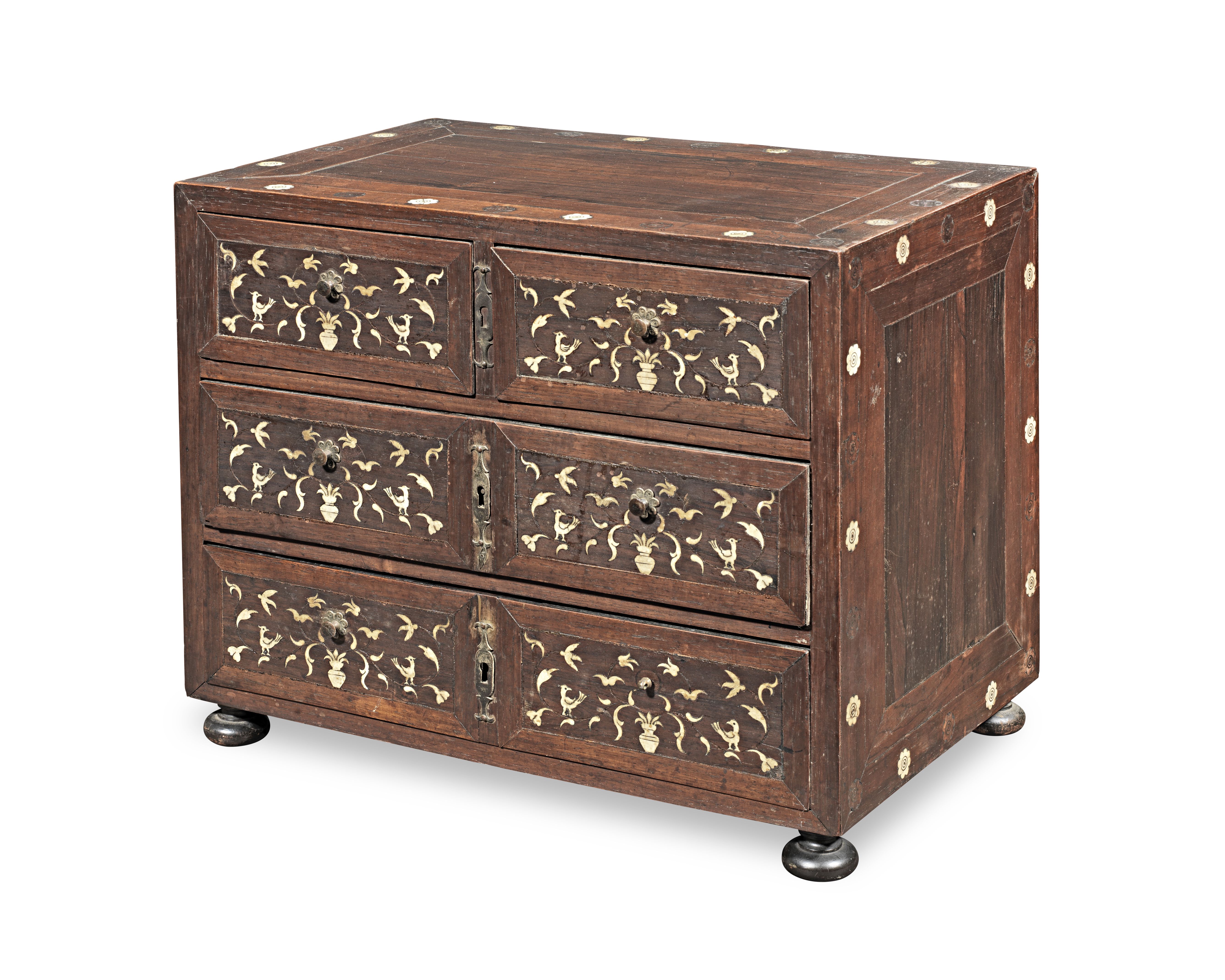 A 17th century rosewood and bone inlaid table-top cabinet, Portuguese Colonial
