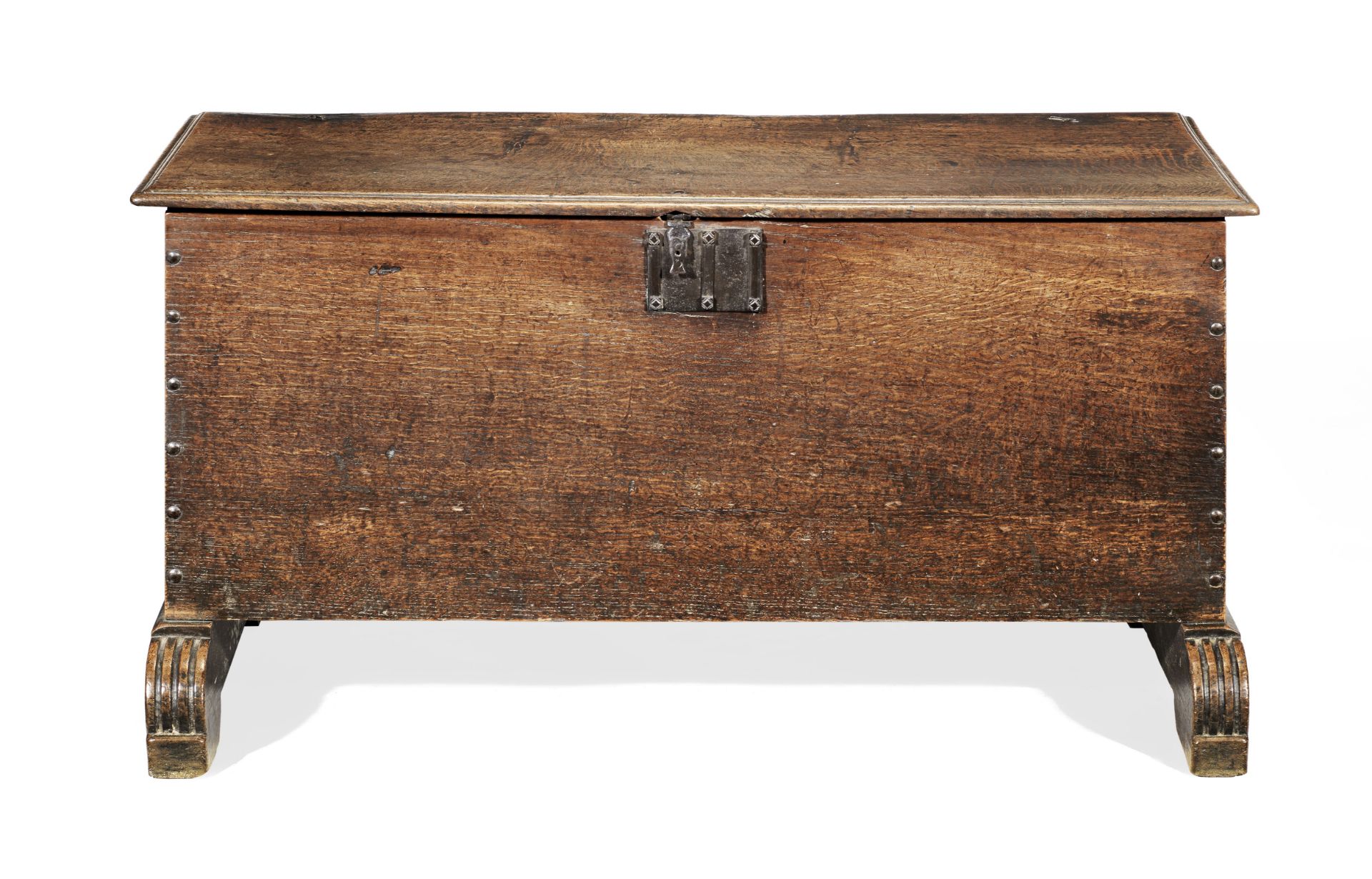A 17th century boarded oak chest