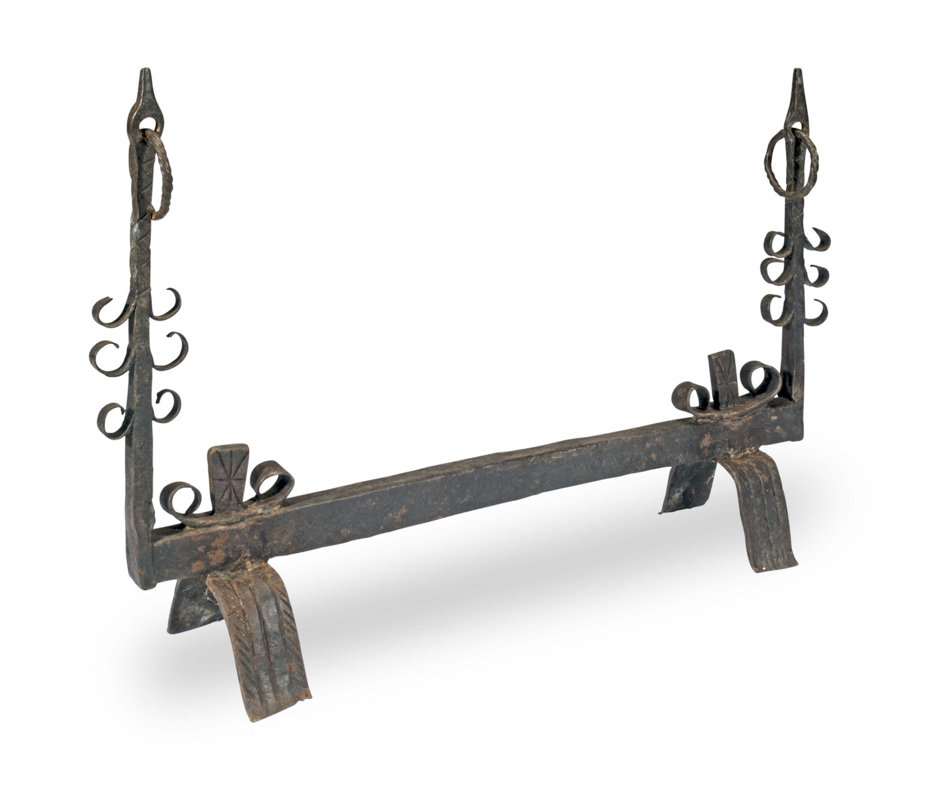 A rare double-ended wrought iron fire dog