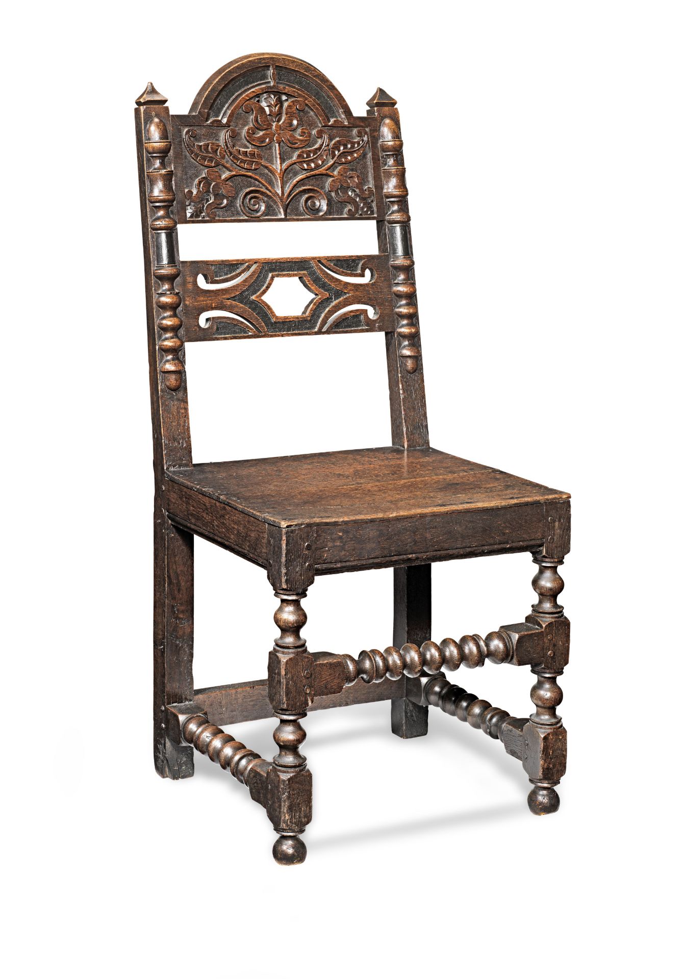 An oak and black-stained backstool In the Charles II manner, Lancashire