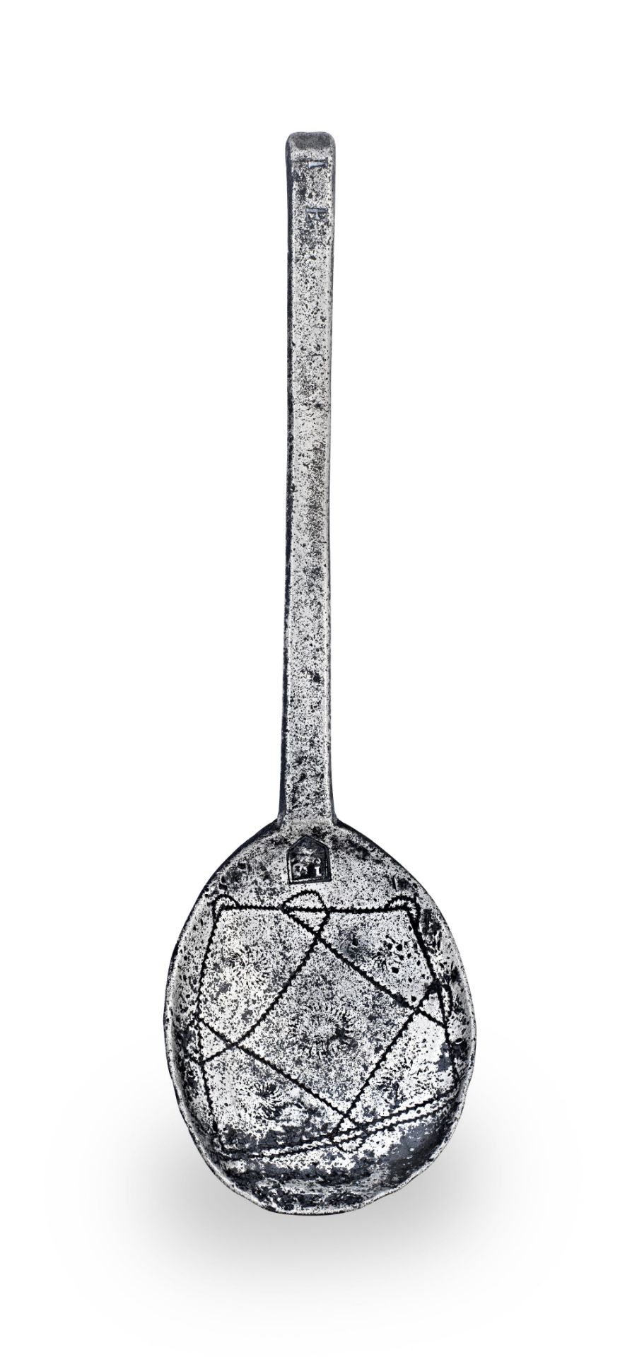 A rare and possibly unique Charles II pewter wrigglework slip-top spoon, circa 1660