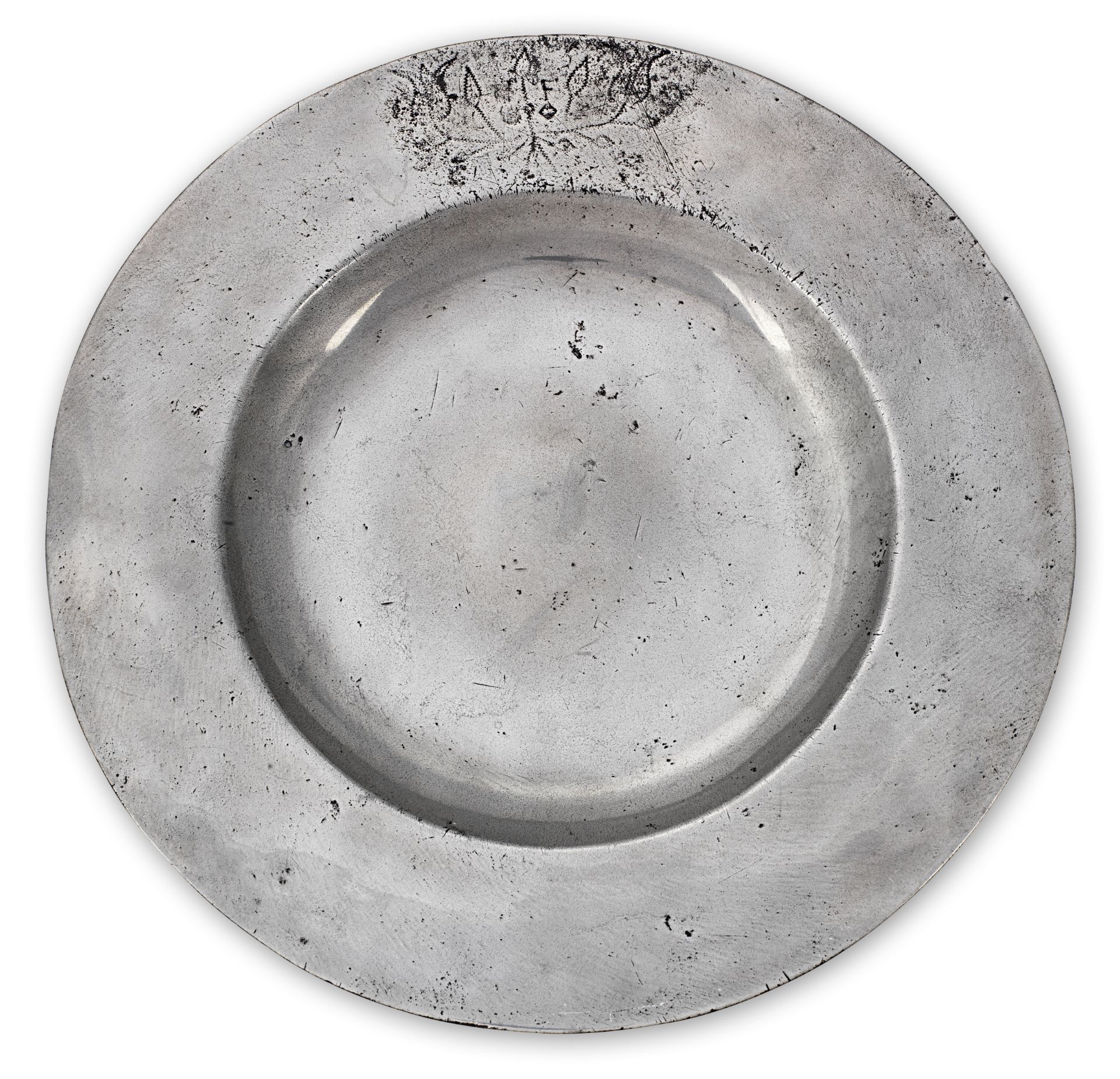A Charles II pewter plain broad-rim plate, circa 1675 (11&#8542;in diameter, rim 2in, (34%))