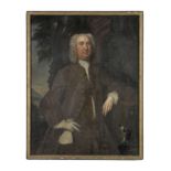English School, 18th Century Half-length portrait of a gentleman, wearing a brown frock-coat, a h...