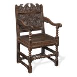 An unusual Charles II joined oak open armchair, Cheshire/Lancashire, circa 1670