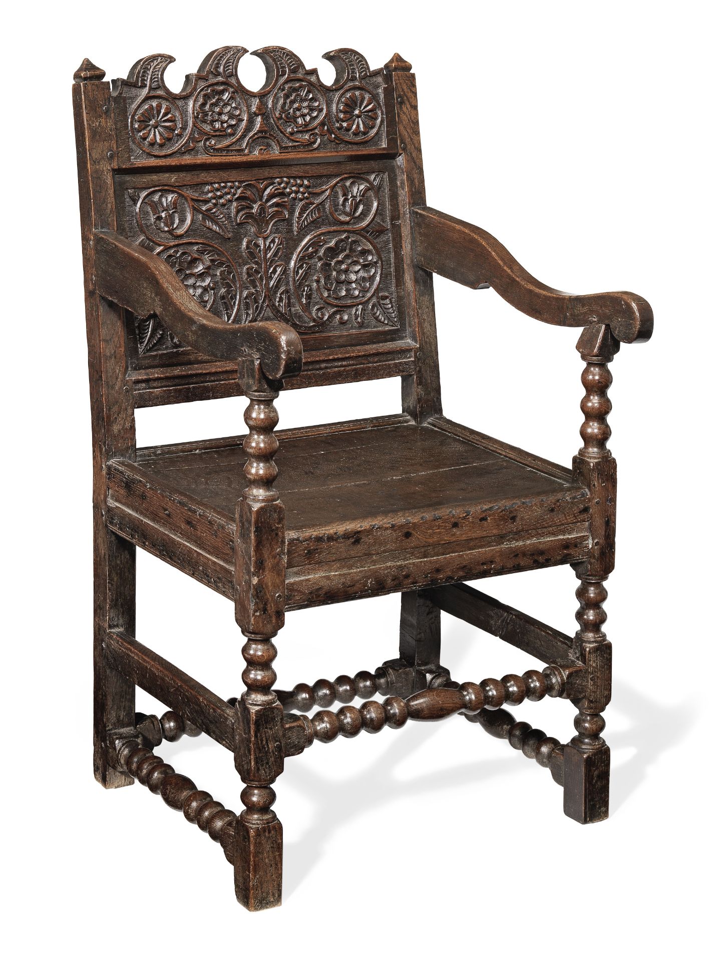 An unusual Charles II joined oak open armchair, Cheshire/Lancashire, circa 1670