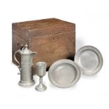 A William IV pewter communion set, in fitted oak case (9)