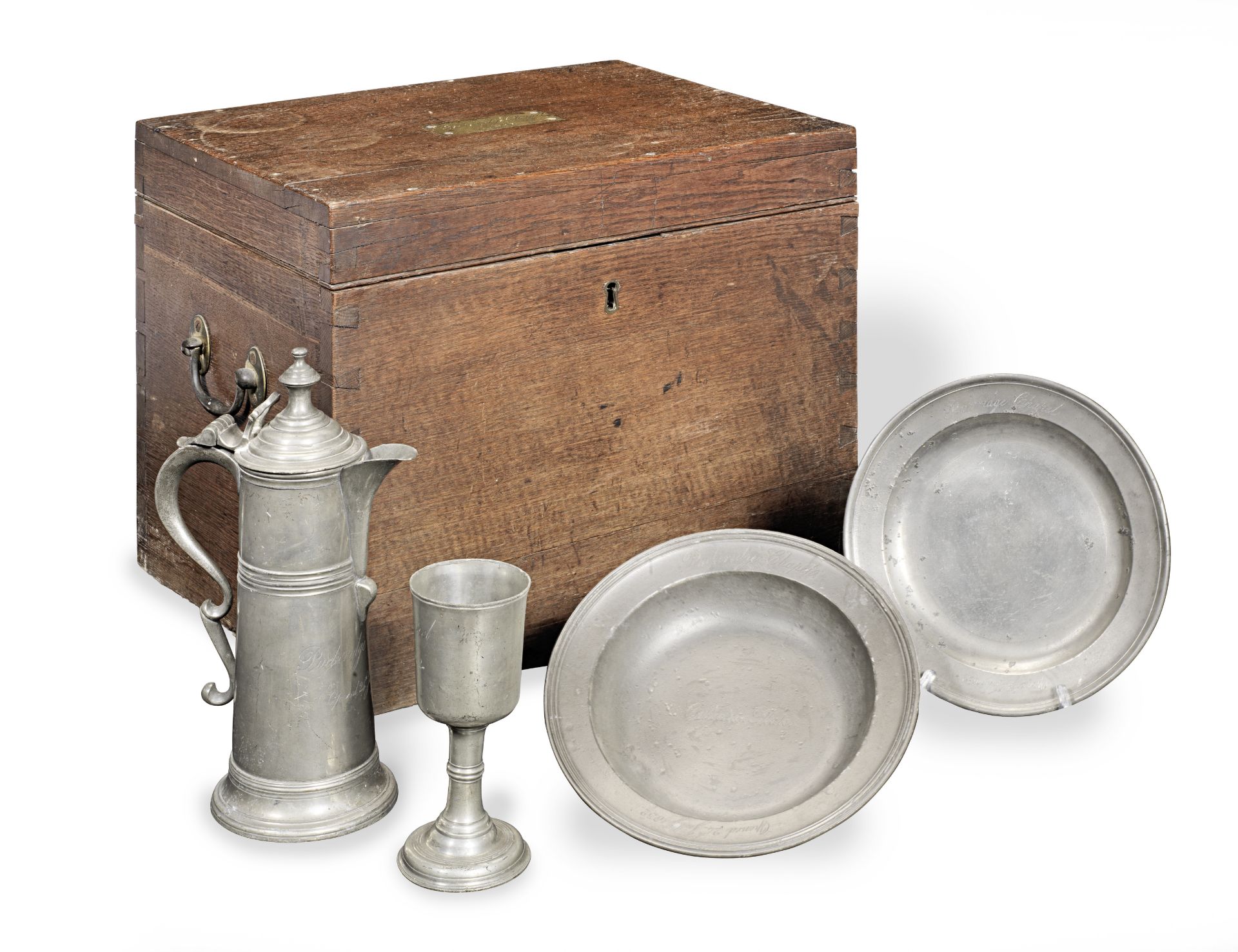 A William IV pewter communion set, in fitted oak case (9)