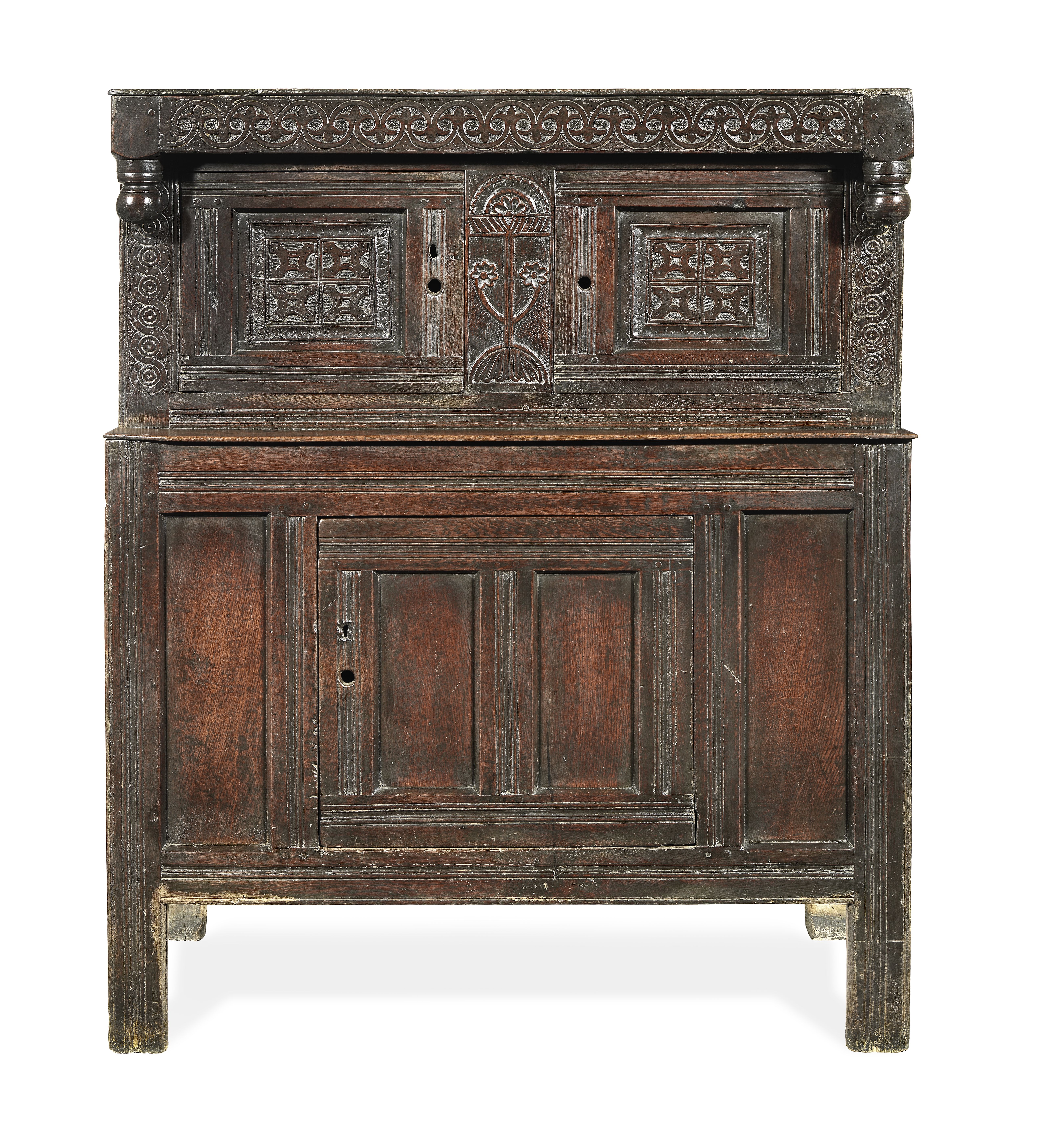 A good and small Charles II joined oak press cupboard, North Country, circa 1660