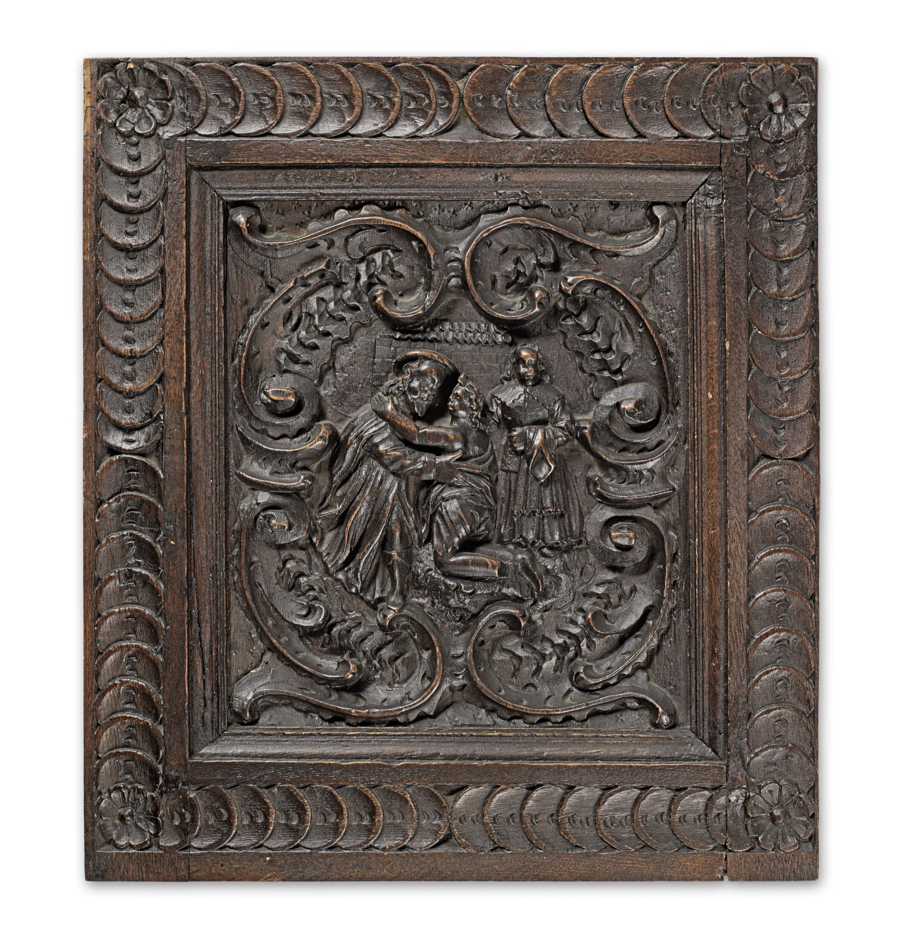 A 17th century carved oak panel, Flemish/Dutch