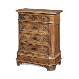 A 17th century joined solid and veneered walnut narrow chest of drawers, Italian