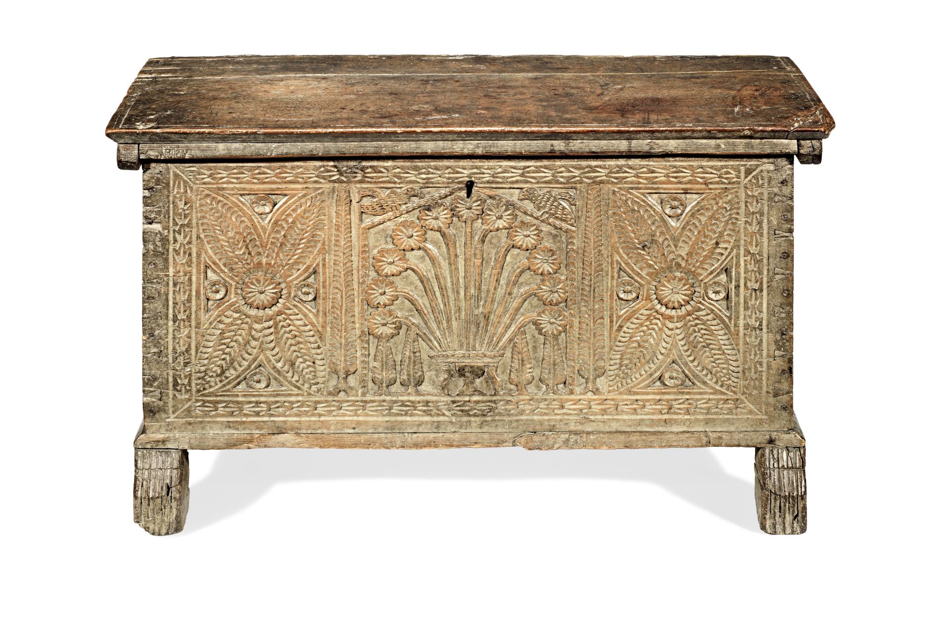 An early 17th century cypress-wood boarded chest, Spanish