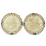 WORLD MAPS - EMBROIDERED A pair of embroidered oval maps of the West and East hemispheres, [ninet...