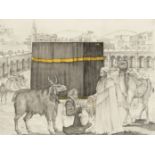 MECCA - KAABA View of the Kaaba, Mecca, with men at prayer, and visitors with camel and goats, [e...