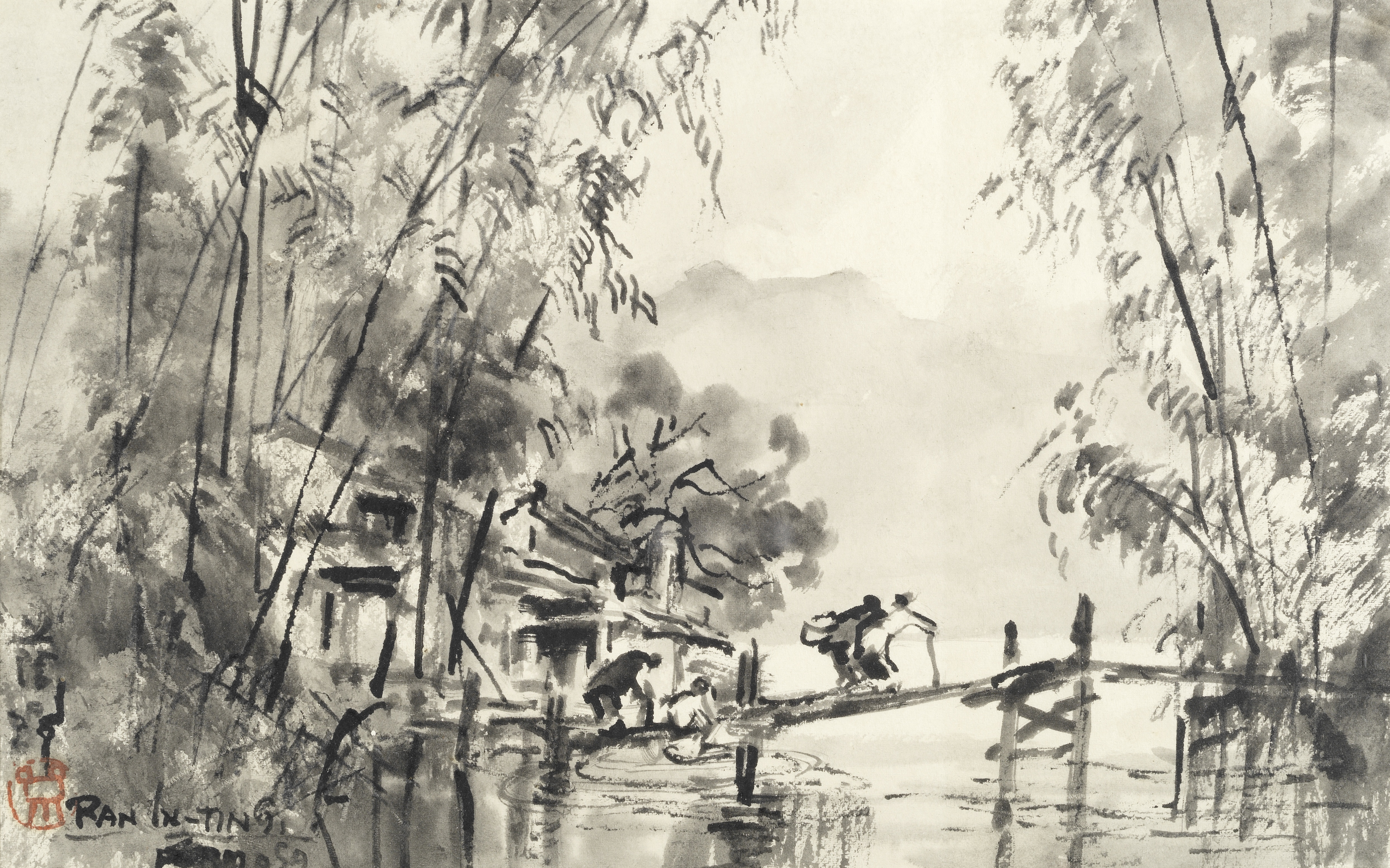 Ran In-Ting (Lan Yinding) (Taiwanese, 1903-1979) Bamboo by the river, Formosa