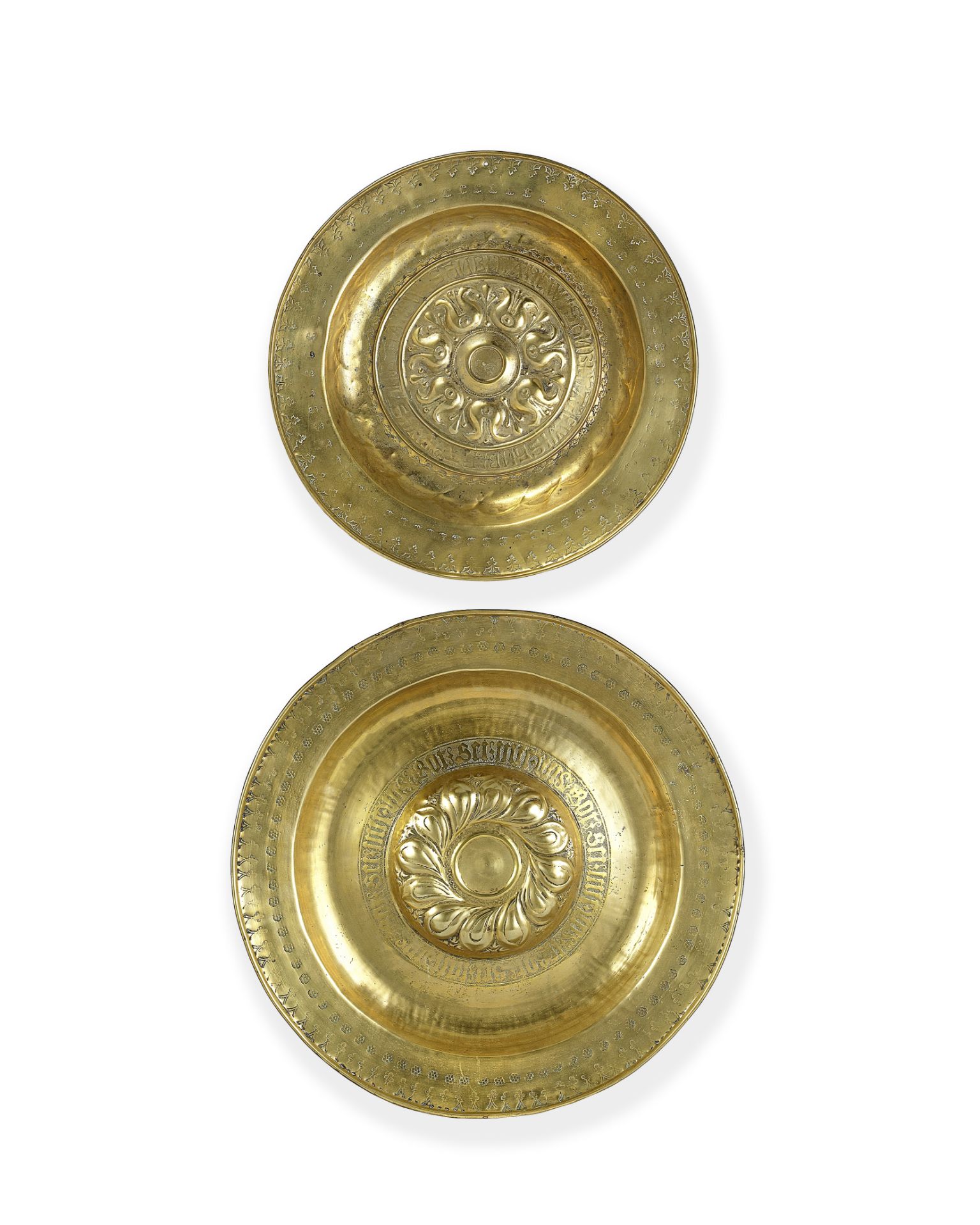 Two late 16th century Nuremberg repousse brass alms dishes (2)